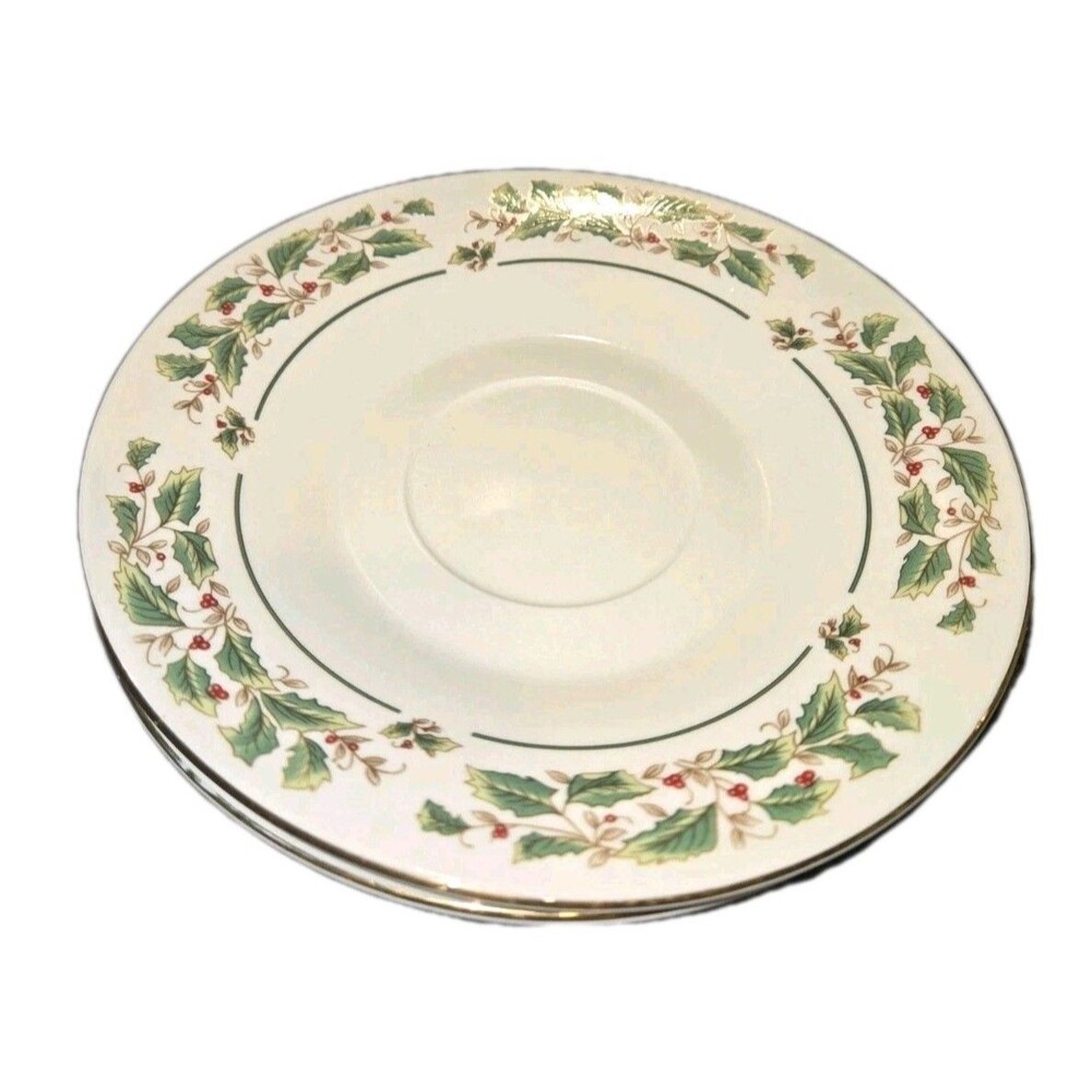 4 VTG Christmas Holly Traditions 6" Saucer Plates Berry Gold Trim Fine China